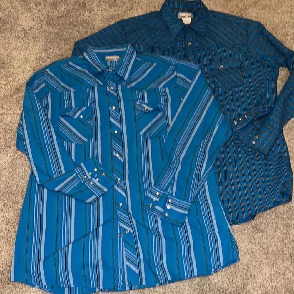 2-Wrangler Blue plaid check stripe Cowboy Western Rodeo Pearl Snap Button shirt